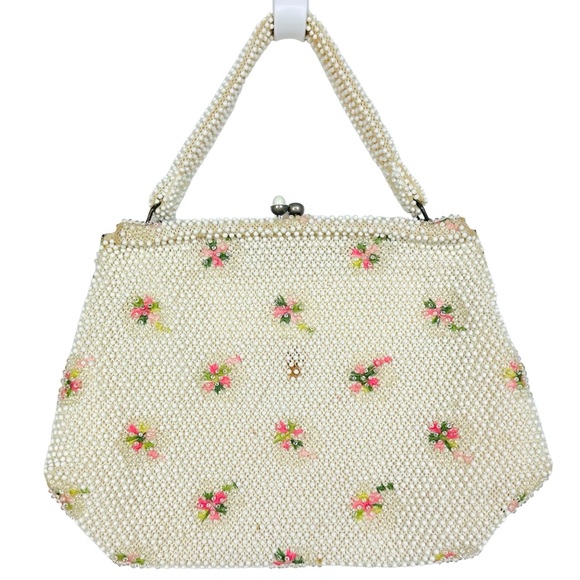 Lumured 1950s Corde Beaded Floral Embroidered Mini Bag Clutch Purse Cream Pink - Picture 2 of 15